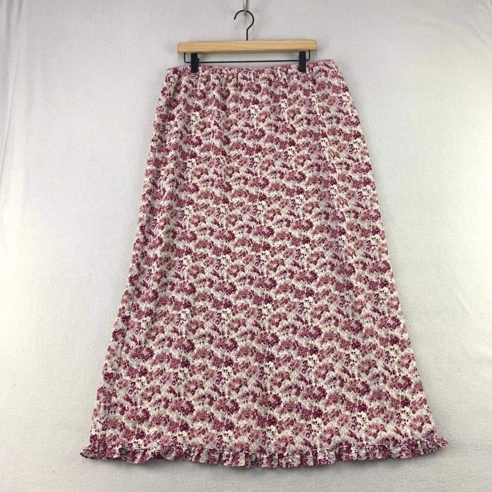 VTG Kathy Ireland Floral Maxi Skirt Women XL Pink Ruffle Hem Elastic Cottage
